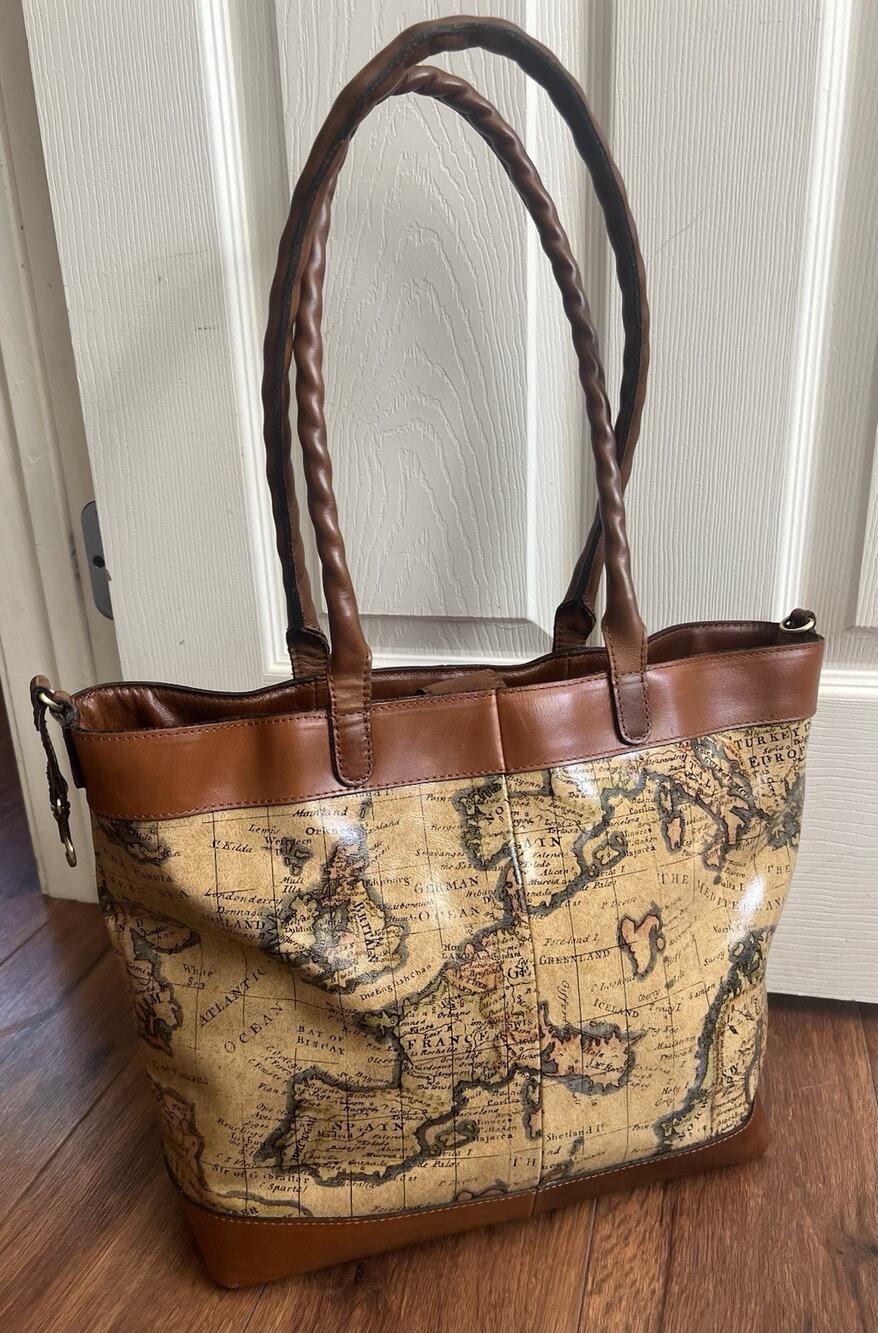 PATRICIA NASH Mallory Vintage European Map Convertible Leather Tote Bag Purse